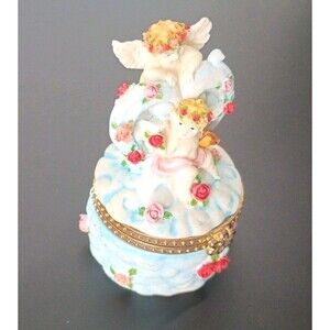 Cherubs Ceramic Trinket Box Brass 4" Hinged Lid Blue Pink Roses Clouds Vintage